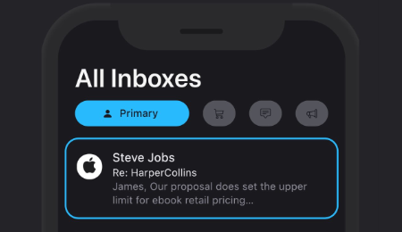Inbox preview in Boost Your Email of the Email exchange between Steve Jobs and James Murdoch